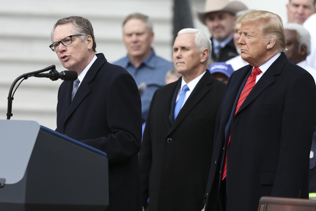 US Trade Representative Robert Lighthizer, left, speaks during the US-Mexico-Canada Agreement signing ceremony at the White House in Washington on January 29, watched by Vice-President Mike Pence and President Donald Trump. Photo: Bloomberg