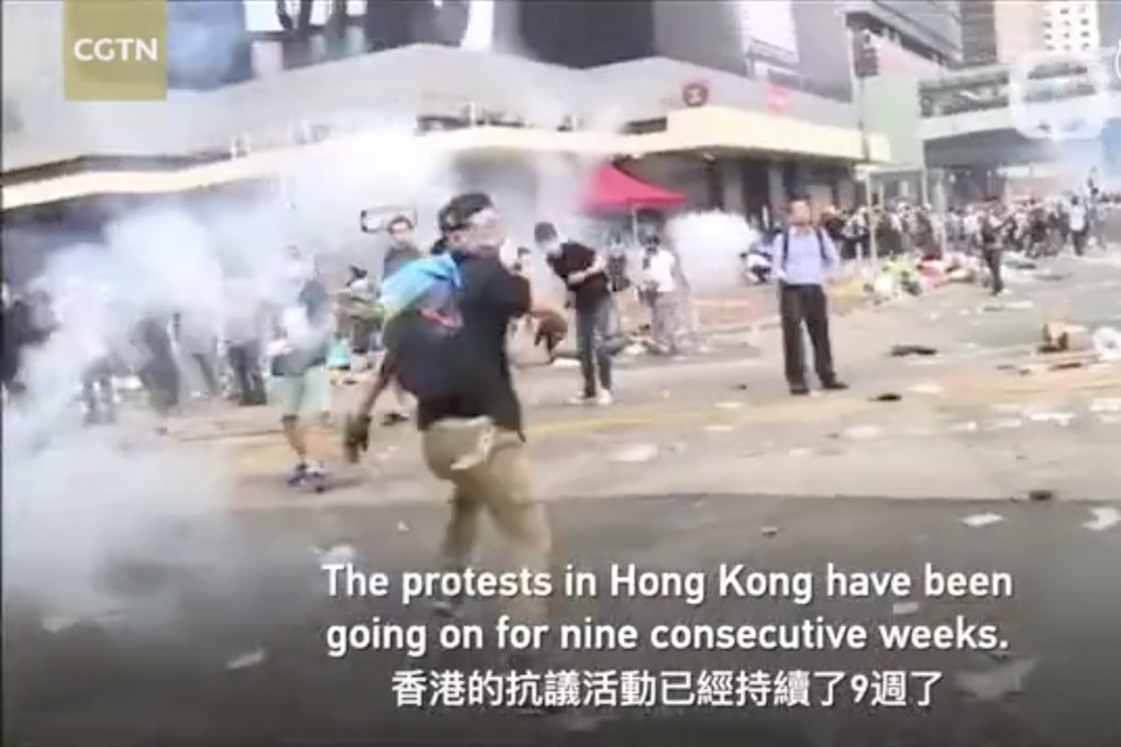 A screengrab from CGTN coverage of the pro-democracy protests in Hong Kong last year. Photo: CGTN