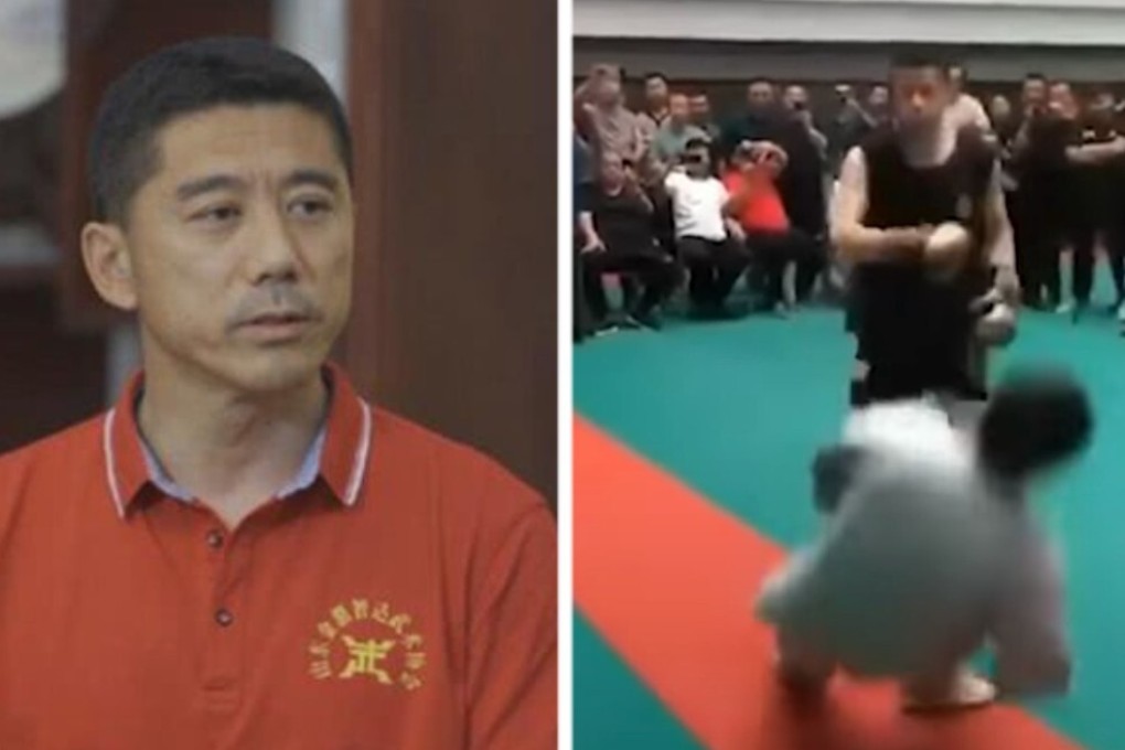 Wang Qingmin speaks to local media (left) about his viral 30-second KO of tai chi master Ma Baoguo. Photo: Sina Sports/YouTube