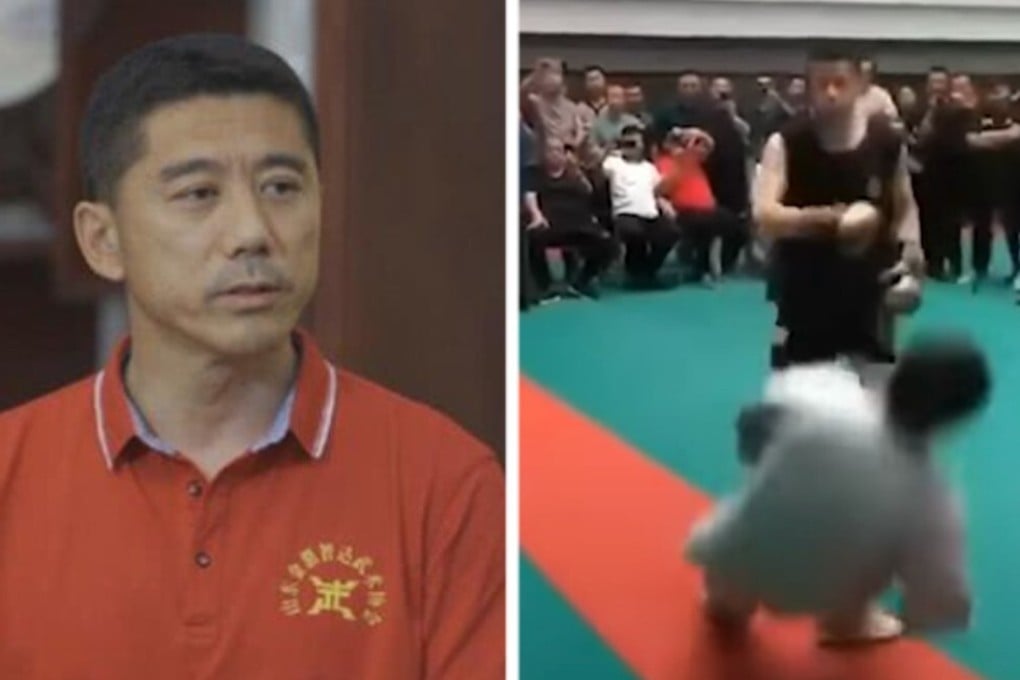 Wang Qingmin speaks to local media (left) about his viral 30-second KO of tai chi master Ma Baoguo. Photo: Sina Sports/YouTube