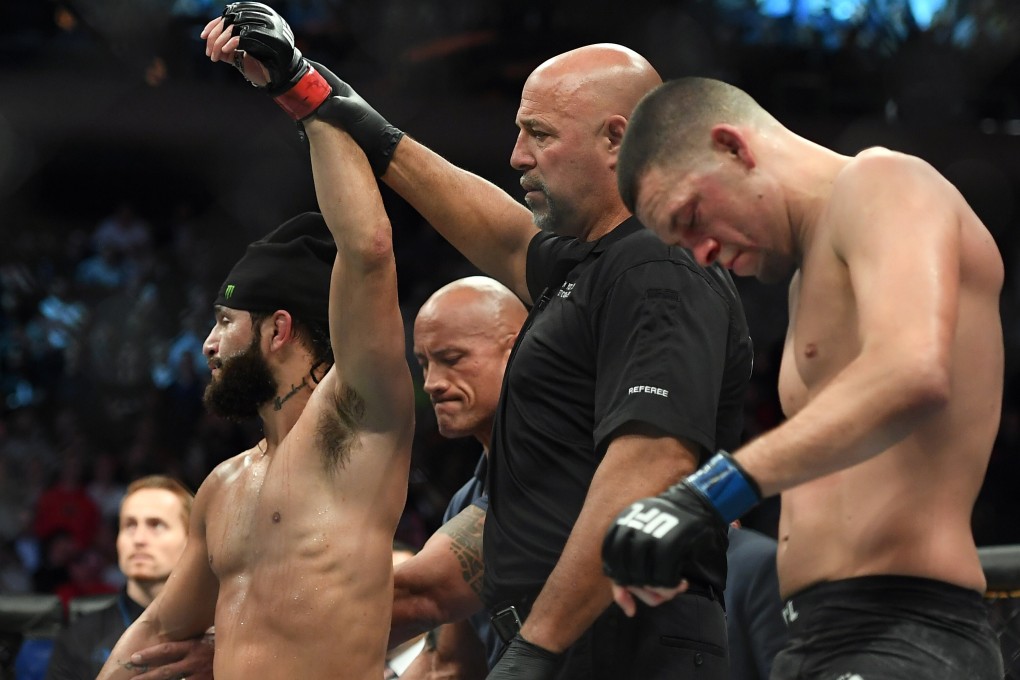 Jorge Masvidal defeats Nate Diaz for the BMF title at UFC 244 in Madison Square Garden in 2019. Photo: USA Today