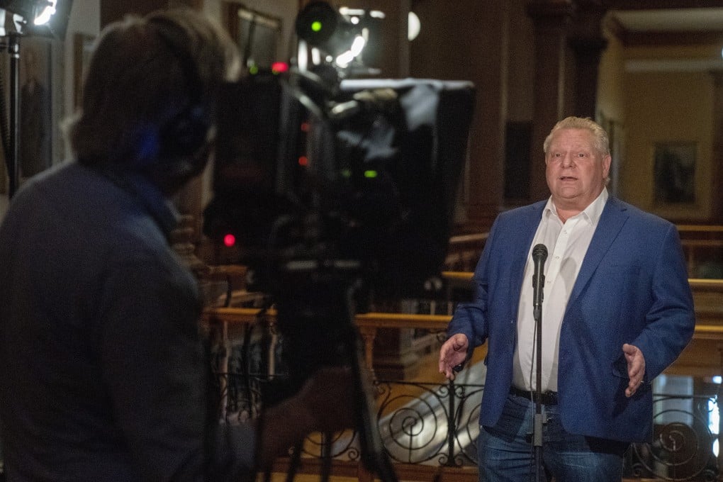 Ontario Premier Doug Ford, making a statement at the provincial legislative building in Toronto. Photo: The Canadian Press via AP
