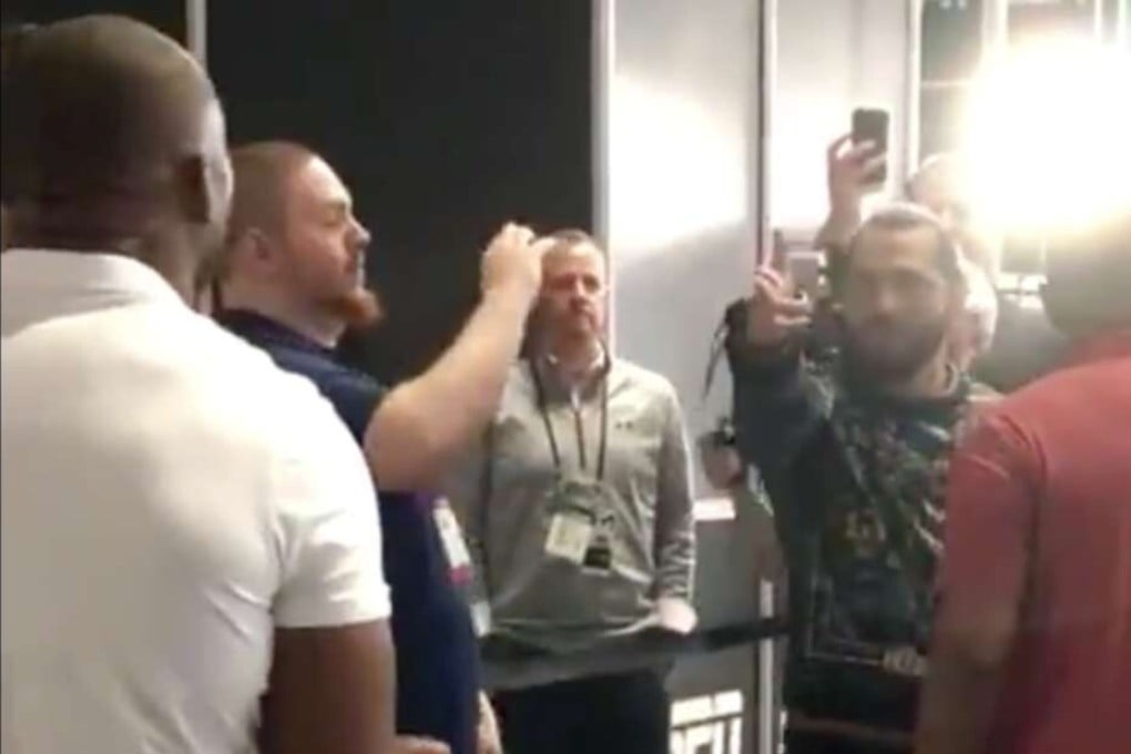 Jorge Masvidal gets into a verbal altercation with Kamaru Usman at Media Row during Super Bowl week in Miami.