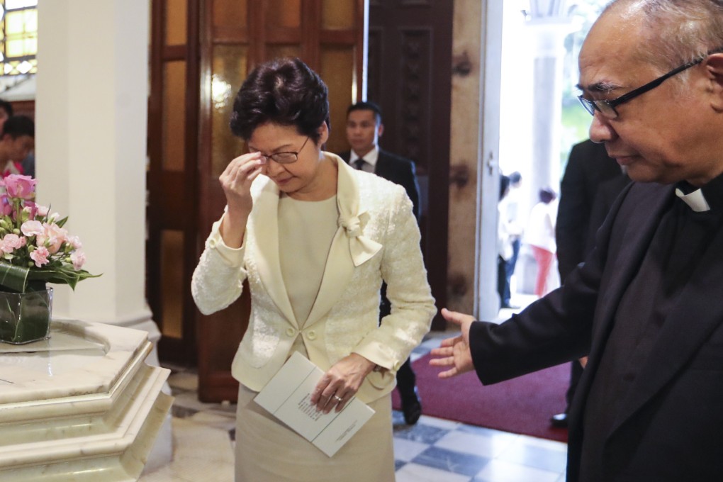 Chief Executive Carrie Lam attends the Eucharistic celebration to mark the commencement of the ministry of Michael Yeung Ming-cheung as Bishop of Hong Kong, at the Cathedral of the Immaculate Conception on August 5, 2017. Photo: Edward Wong