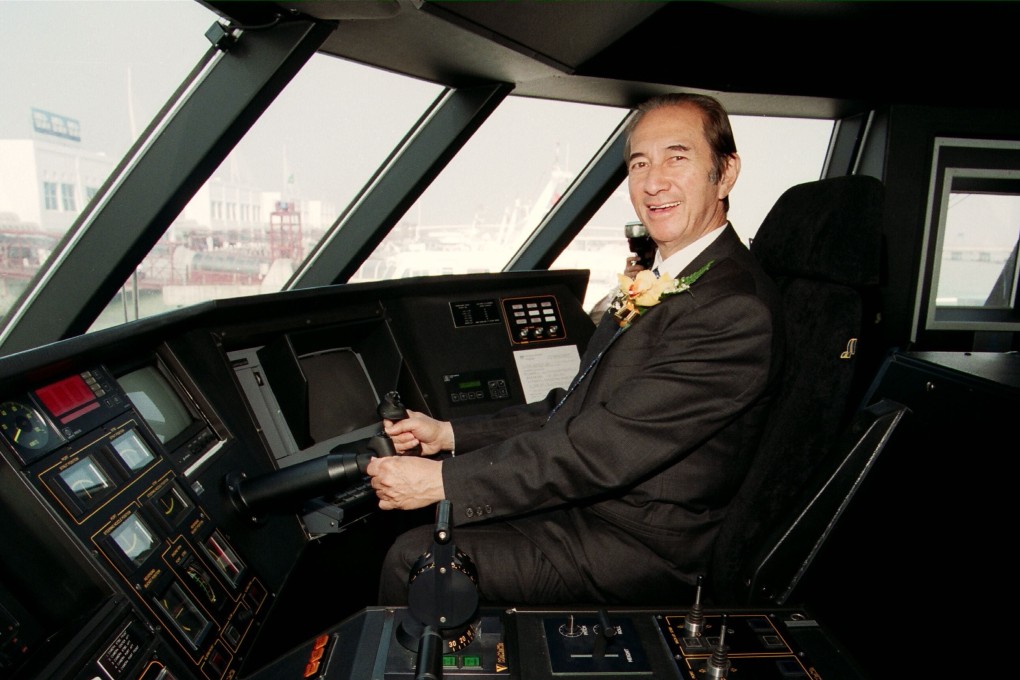 Stanley Ho, chairman of Shun Tak Holdings, taking the controls of the Barca, one of the foilcats (high-speed ferries) launched by Far East Hydrofoils, a subsidiary of Shun Tak Holdings, for the Hong Kong-Macau route, on November 20, 1995. Photo: SCMP