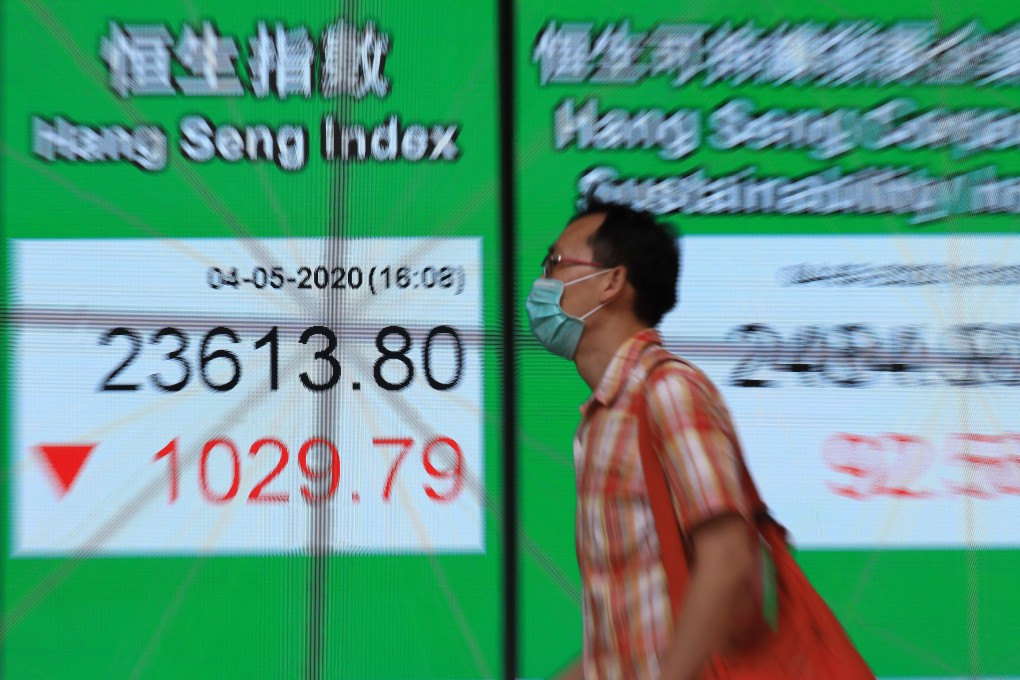 A man walks past an electronic board showing the closing Hang Seng Index, Central on May 4. Hong Kong’s stocks have trailed regional markets this week as Beijing’s proposed security law for the city roils traders. Photo: May Tse