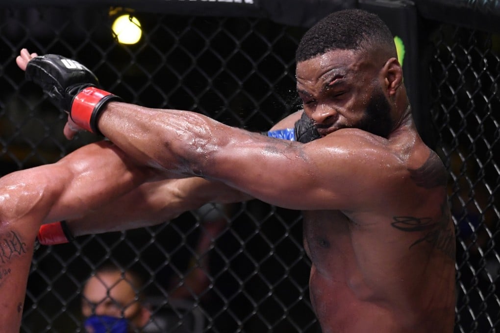 UFC welterweight Gilbert Burns punches former champion Tyron Woodley in their fight at UFC Fight Night in the Apex Arena, Las Vegas in May. Photo: USA Today