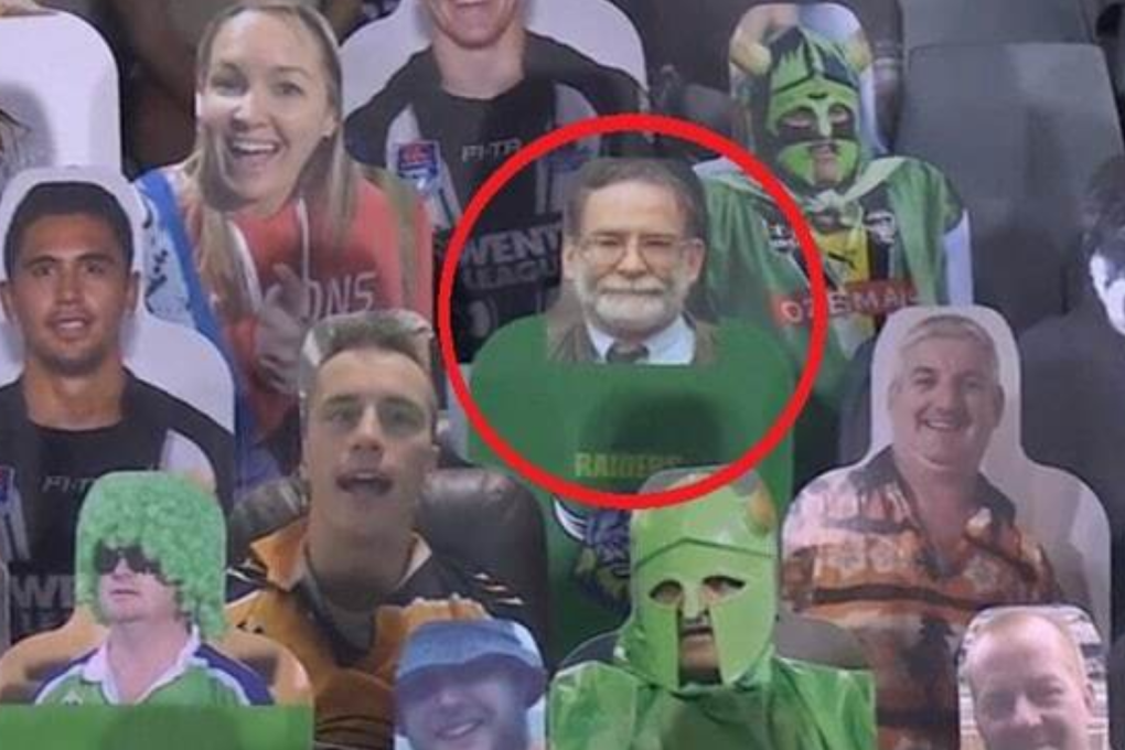 A screengrab from the broadcast of the NRL game between Penrith Panthers and Newcastle Knights with serial killer Harold Shipman circled. Photo: Twitter