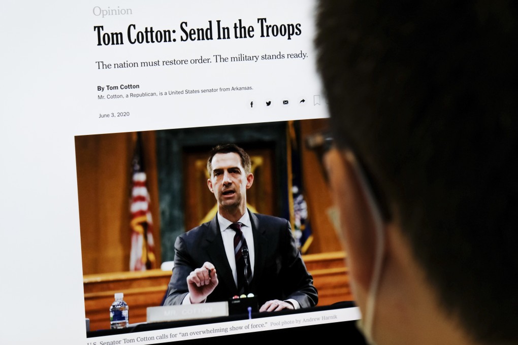 US Senator Tom Cotton’s opinion piece in The New York Times has raised questions about its content, the newspaper’s decision to run it and the timing, which coincides with the anniversary of the Tiananmen crackdown. Photo: SCMP