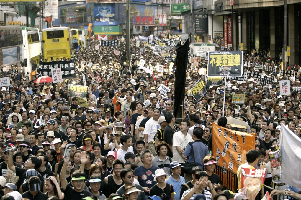 Protesters rally in Causeway Bay against national security legislation under Article 23 of the Basic Law, part of an estimated half a million who peacefully took to the streets on July 1, 2003. The government subsequently shelved the bill. Photo: Dickson Lee