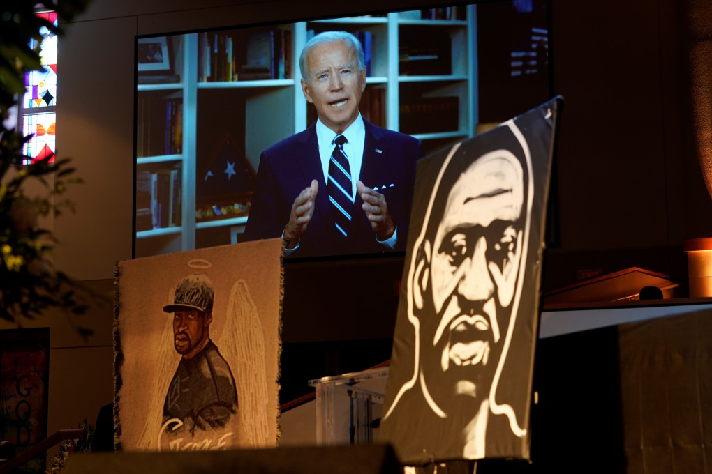 Former US vice-president Joe Biden speaks via video link as family and guests attend the funeral service for George Floyd at The Fountain of Praise church in Houston on Tuesday. Photo: Reuters