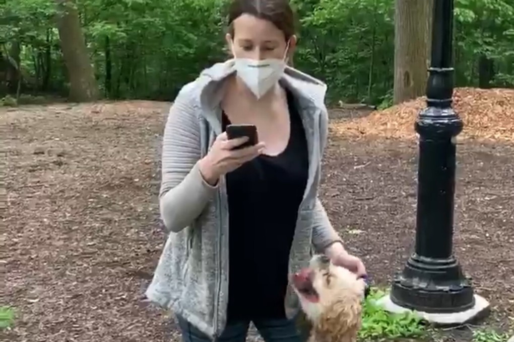 A screen grab from a viral video of the confrontation between Amy Cooper and Christian Cooper (no relation) in New York’s Central Park. She stated that she wasn’t racist in her public apology after the incident.