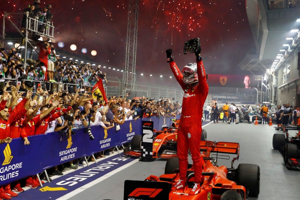 Ferrari’s Sebastian Vettel celebrates after winning the Singapore Grand Prix in 2019. Photo: Reuters