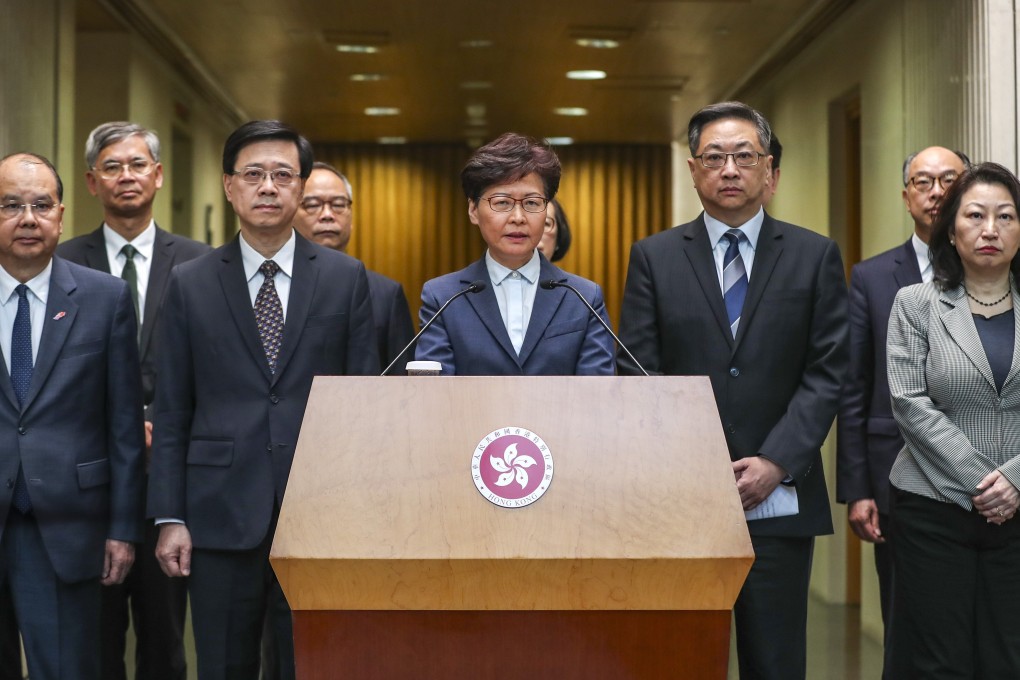 Hong Kong Chief Executive Carrie Lam is flanked by her leading government officials when meeting the media to talk about the extradition bill protests at the government’s headquarters at Tamar, Admiralty, on July 21, 2019. Photo: Robert Ng