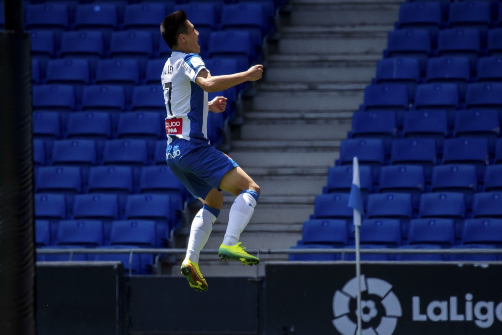 RCD Espanyol's Wu Lei celebrates after scoring against Alaves in the Spanish La Liga’s coronavirus return. Photo: Xinhua