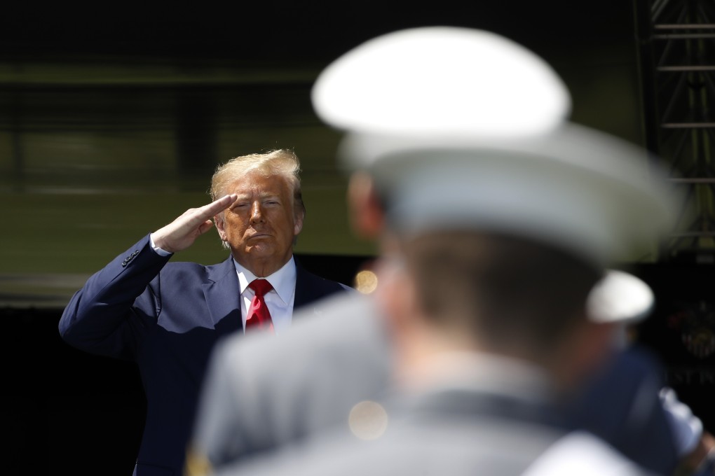 US President Donald Trump salutes after speaking to cadets at the United States Military Academy in West Point, New York, on Saturday. Photo: AP