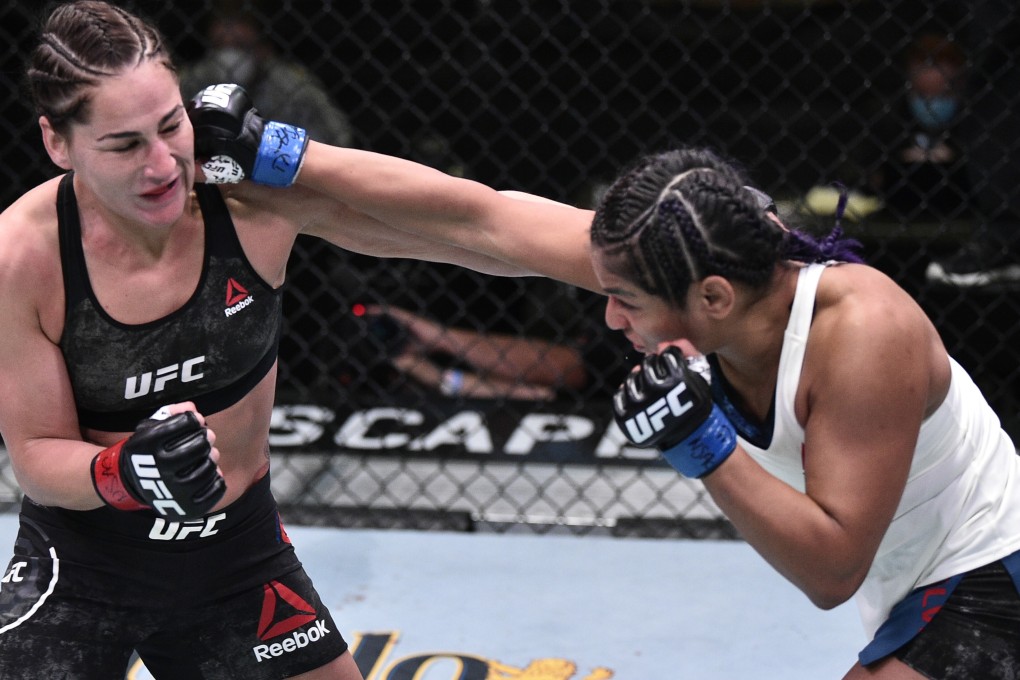 UFC women’s flyweight contender Cynthia Calvillo punches number one ranked Jessica Eye in their flyweight fight during UFC Fight Night at the UFC Apex in Las Vegas, Nevada. Photo: USA Today