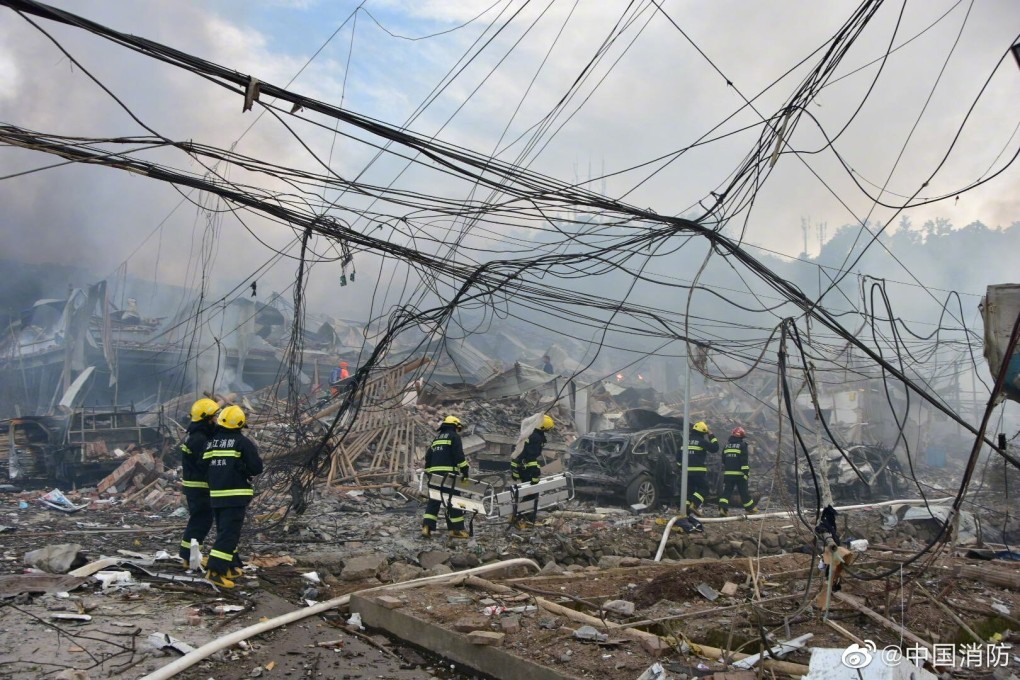 Hundreds of firefighters have been sent to the blast site to pull people from the wreckage. Photo: Weibo