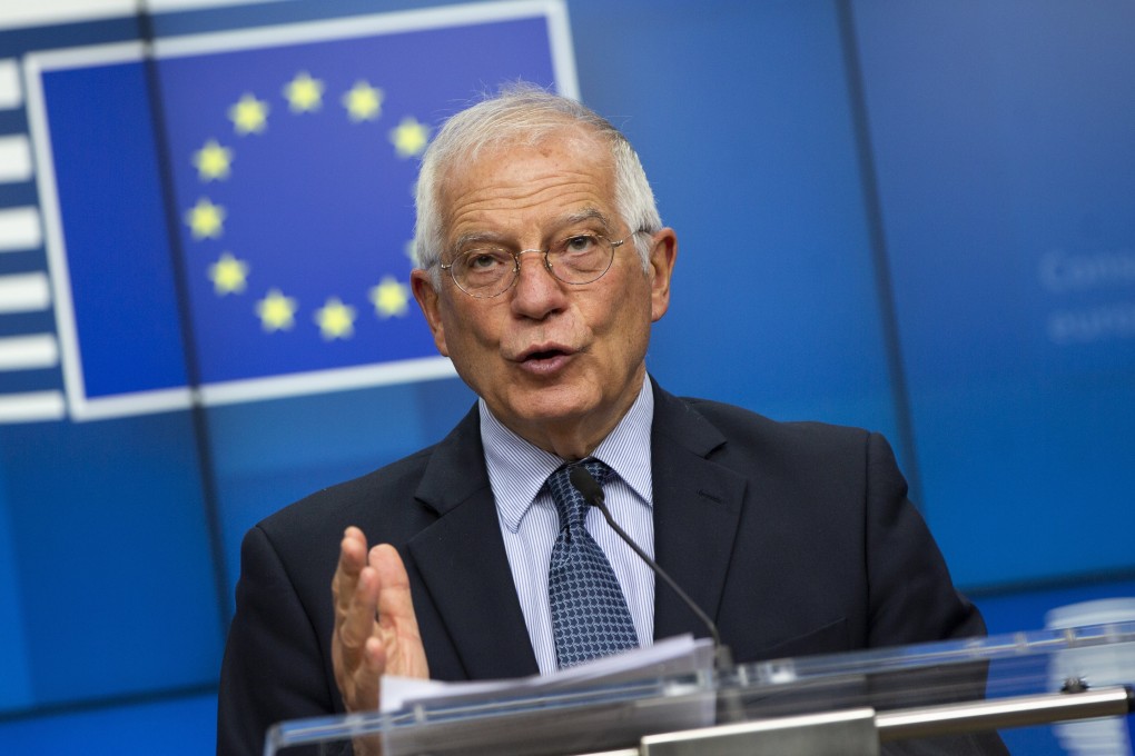 European Union foreign policy chief Josep Borrell speaks during a media conference after a meeting of EU foreign ministers by videoconference at the European Council building in Brussels, Belgium on Monday. Photo: EPA-EFE