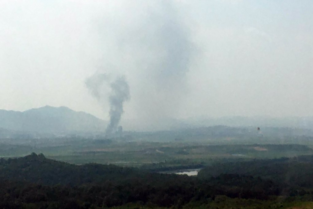 Smoke rises in the North Korean border town of Kaesong on June 16, 2020. Photo: Yonhap via AP