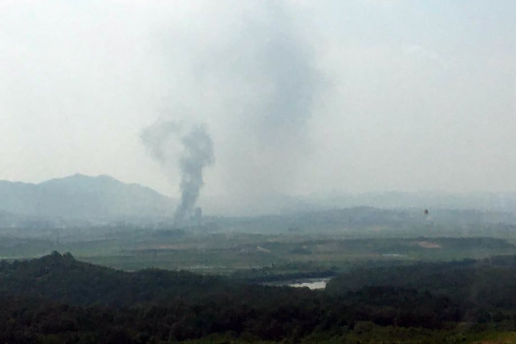 Smoke rises in the North Korean border town of Kaesong on June 16, 2020. Photo: Yonhap via AP