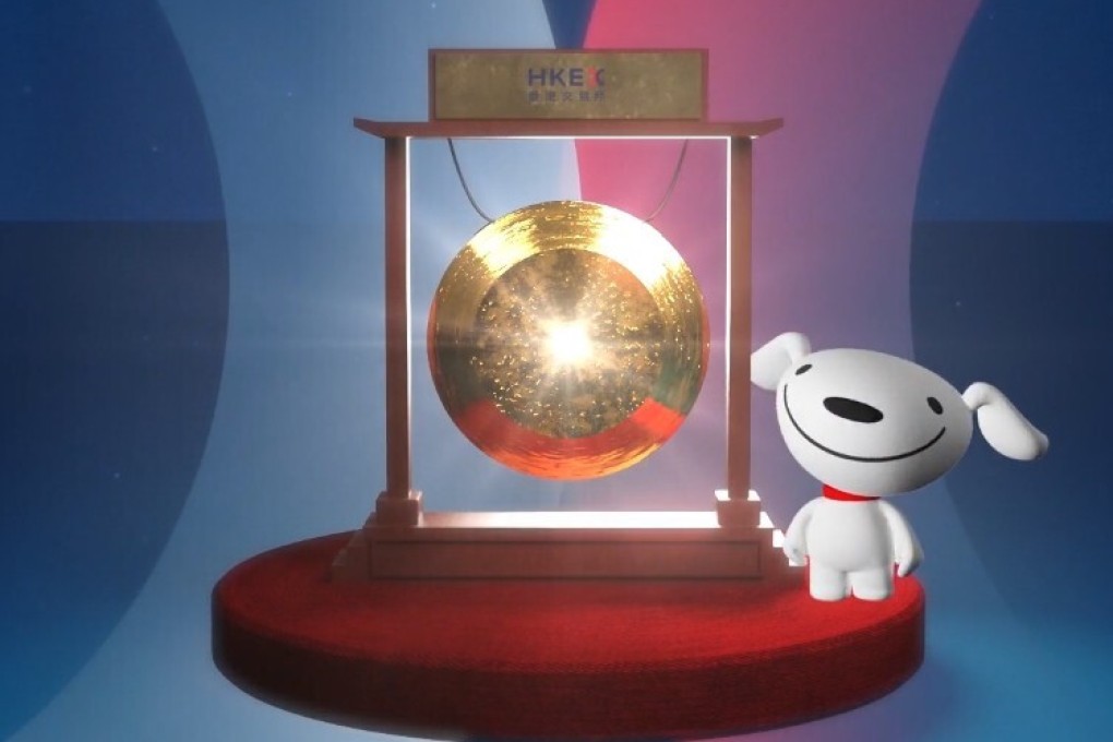 JD.com debuted in Hong Kong. It had its dog mascot “Joy” bang the gong in a virtual ceremony. Image: Hong Kong Exchanges and Clearing
