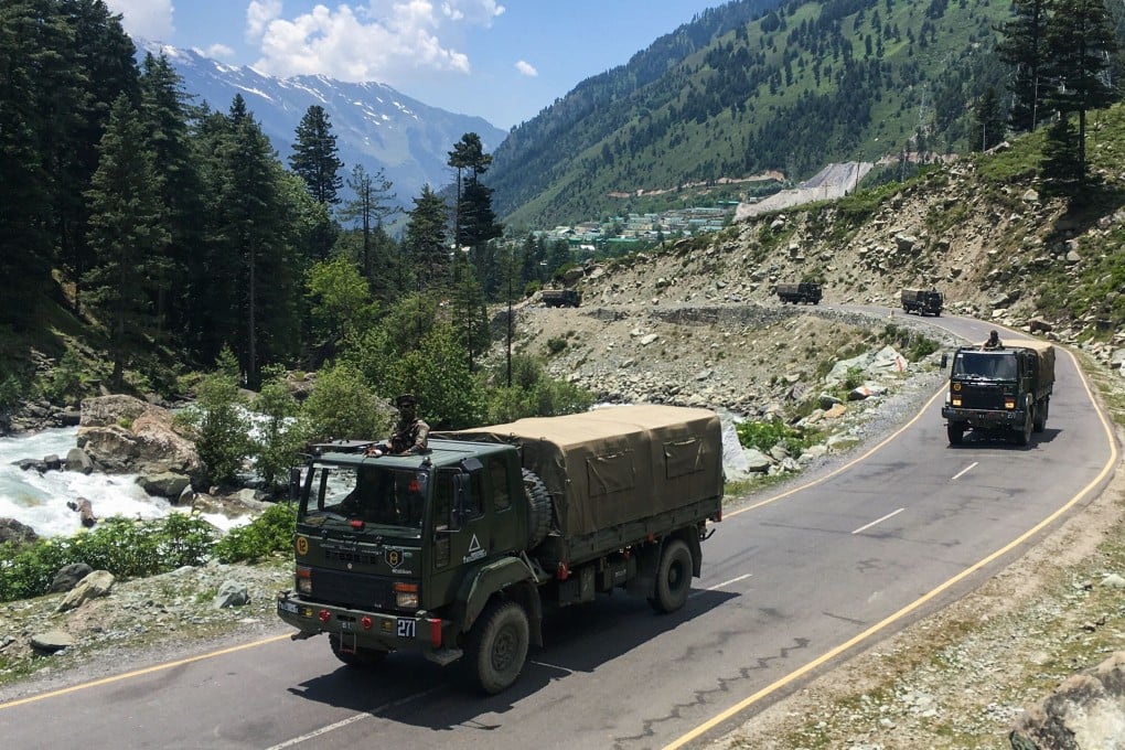 An Indian army convoy makes its way towards the border with China. Photo: AFP