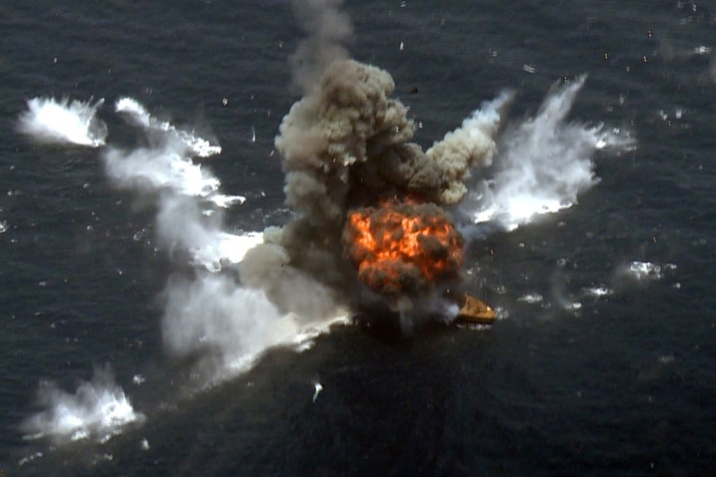 An explosion is seen after a new Iranian cruise missile was fired in the northern Indian Ocean on June 17, 2020. Photo: WANA via Reuters
