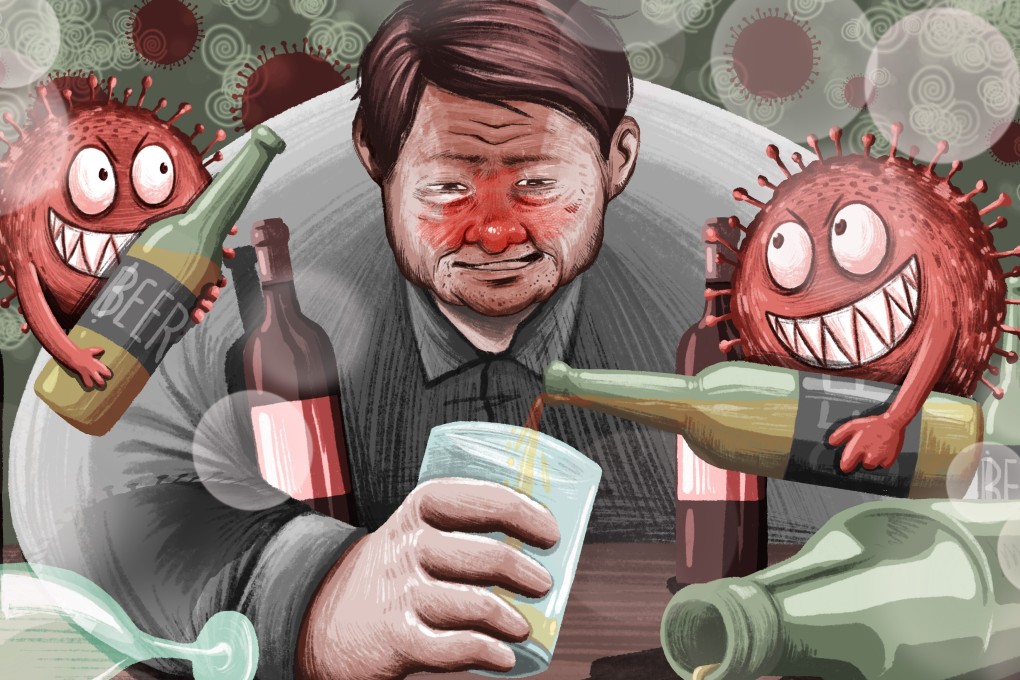 The gloomy situation in Hong Kong and worldwide is driving some into alcohol addiction. Illustration: Lau Ka-kuen