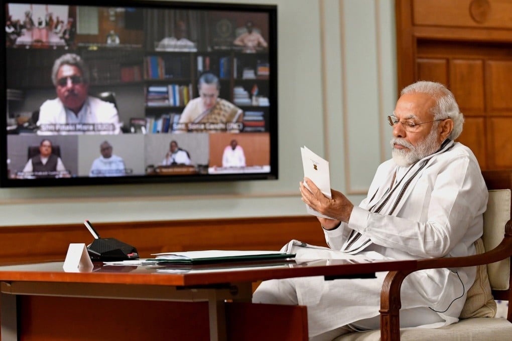 Indian Prime Minister Narendra Modi holds an all party meeting via video conferencing on Friday. During the meeting, he said that no Chinese troops had entered Indian territory. Photo: EPA-EFE