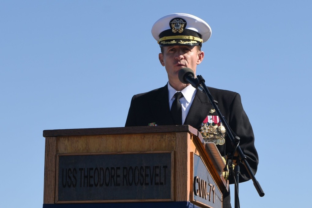 Captain Brett Crozier addressing the crew for the first time as commanding officer of the aircraft carrier USS Theodore Roosevelt. Photo: Handout via AFP