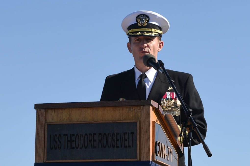 Captain Brett Crozier addressing the crew for the first time as commanding officer of the aircraft carrier USS Theodore Roosevelt. Photo: Handout via AFP