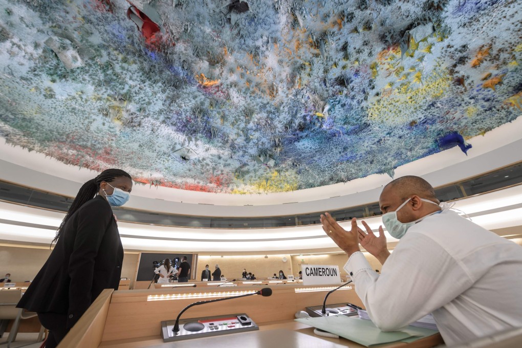 A delegate from Cameroon gestures at the United Nations Human Rights Council. Photo: AFP