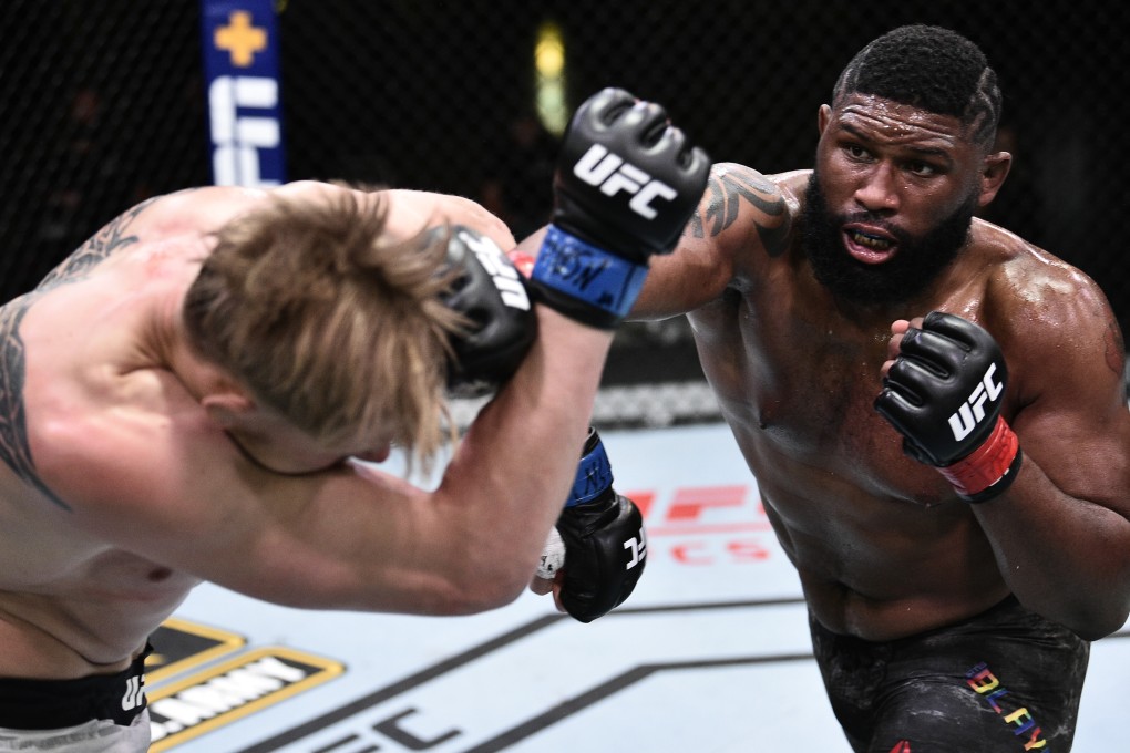 UFC heavyweight contender Curtis Blaydes punches Alexander Volkov in their heavyweight bout at UFC Fight Night at the Apex Arena in Las Vegas, Nevada. Photo: USA Today