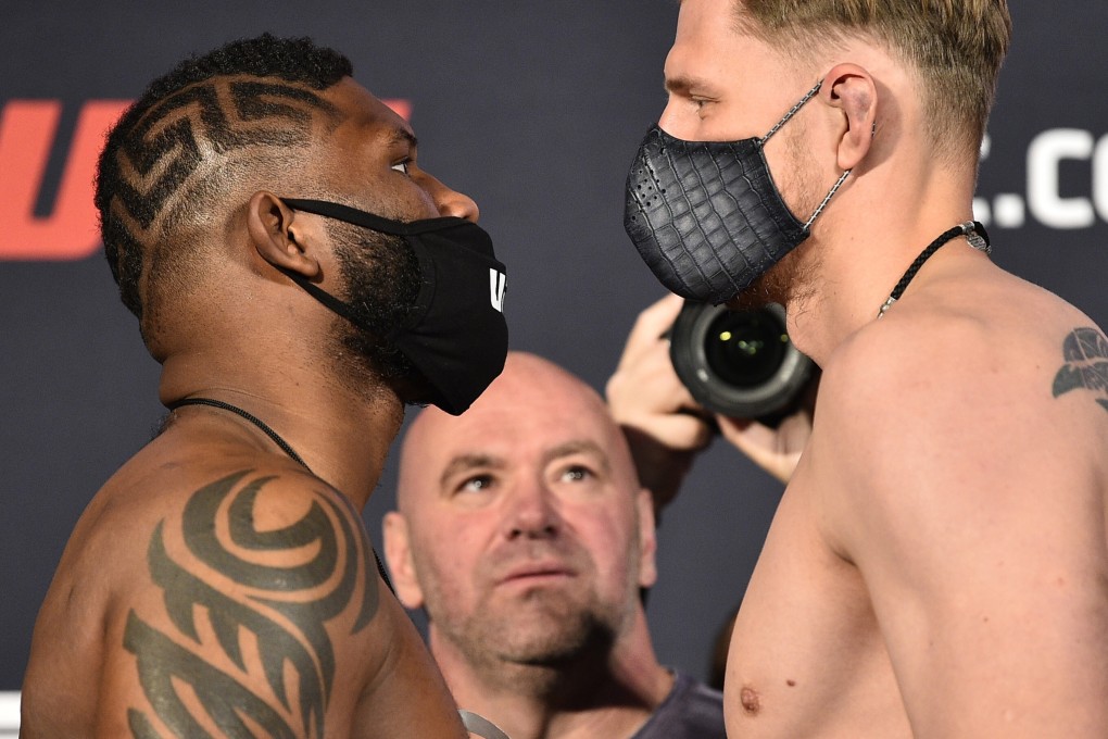 UFC president Dana White watches heavyweight contenders Curtis Blaydes and Alexander Volkov at the weigh-in for UFC Fight Night at the Apex Arena in Las Vegas. Photo: USA Today Sports