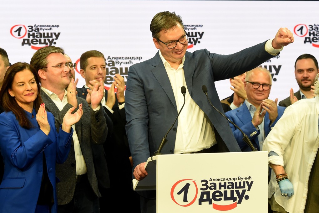Serbian President Aleksandar Vucic celebrates his party’s parliamentary election victory in Belgrade on Sunday. Photo: AFP