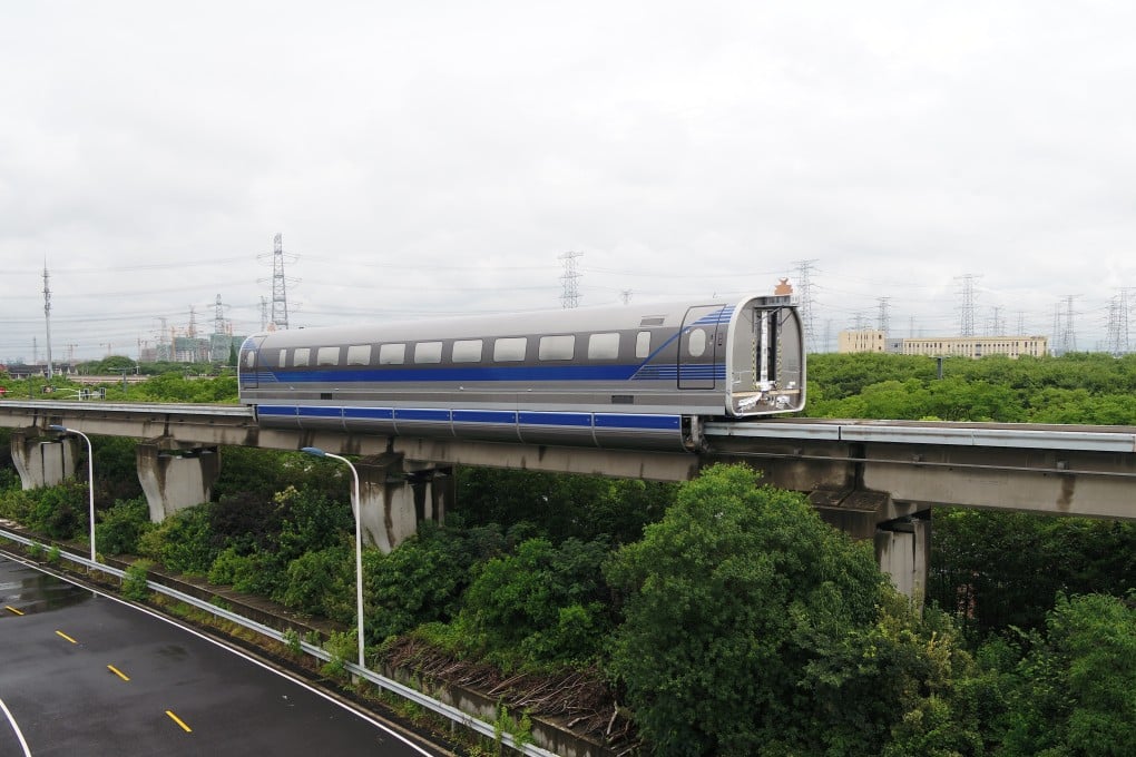 A prototype magnetic-levitation train manufactured by CRRC Qingdao Sifang Co. during a trial-run on a maglev test line in Shanghai on June 21. (Picture: Xinhua)