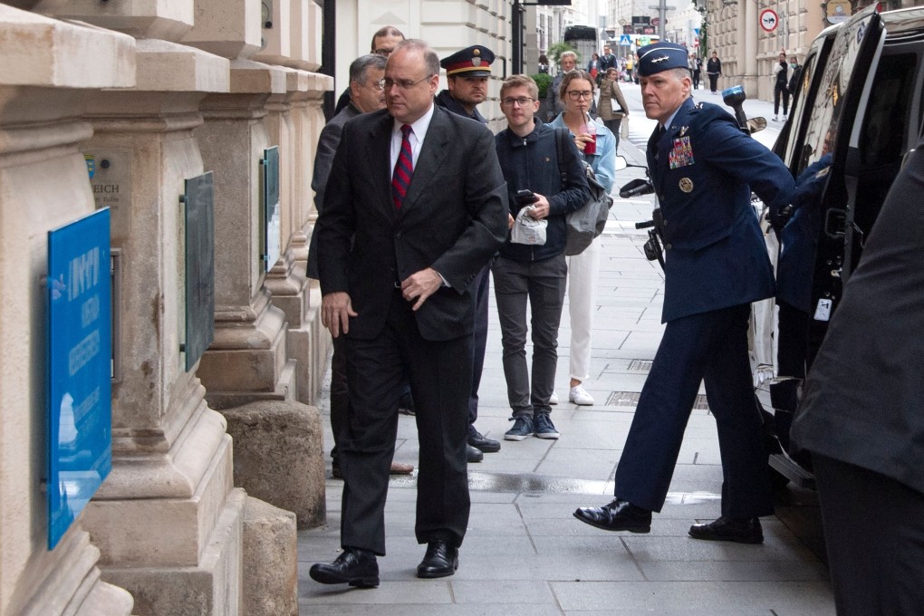 Marshall Billingslea (left), US Special Presidential Envoy for Arms Control, arrives for the USA-Russia meeting at the Palais Niederoestereich in Vienna on Monday. Photo: AFP
