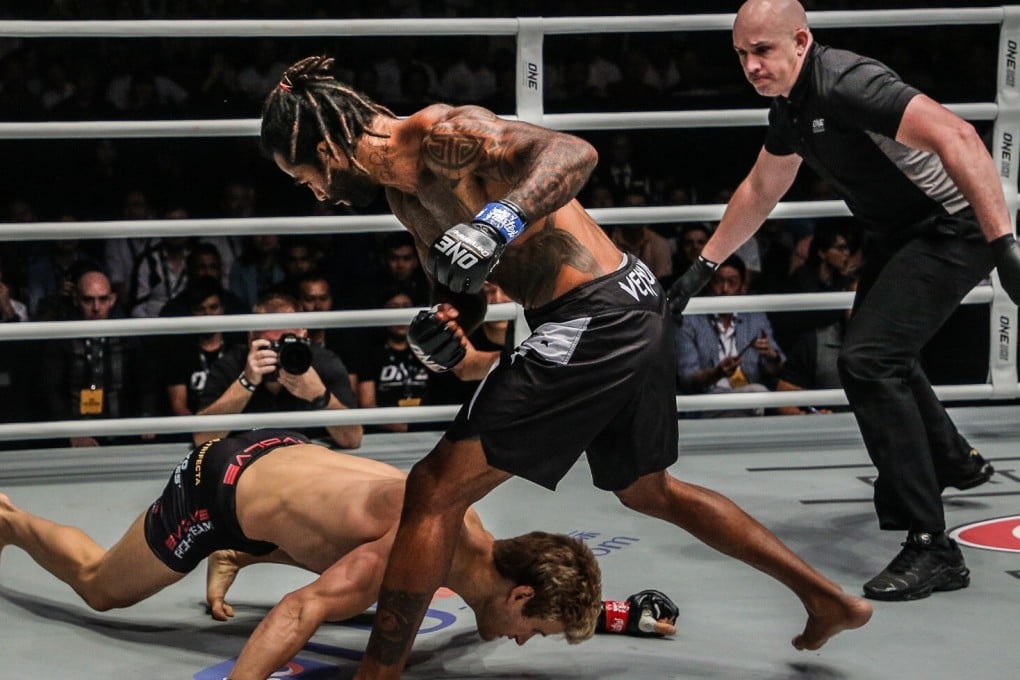 Cosmo Alexandre drops Sage Northcutt with an overhand right. Photos: ONE Championship