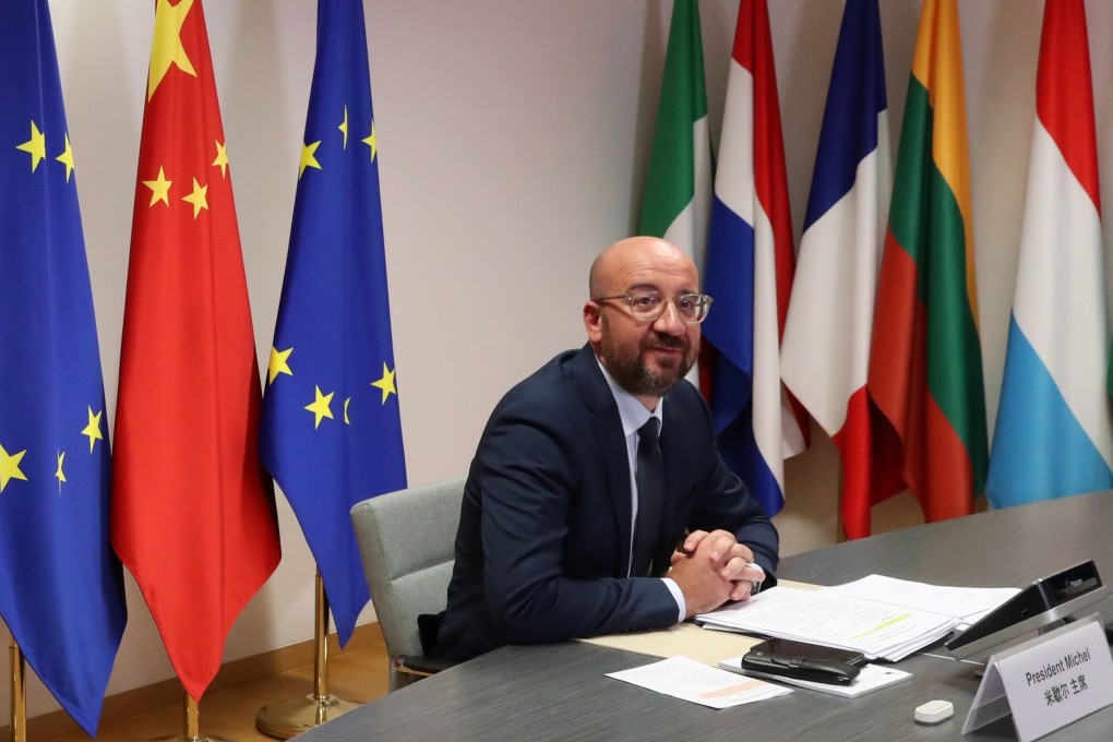 European Council President Charles Michel, in Brussels, takes part in a virtual summit with Chinese Premier Li Keqiang on Monday. Photo: AFP)