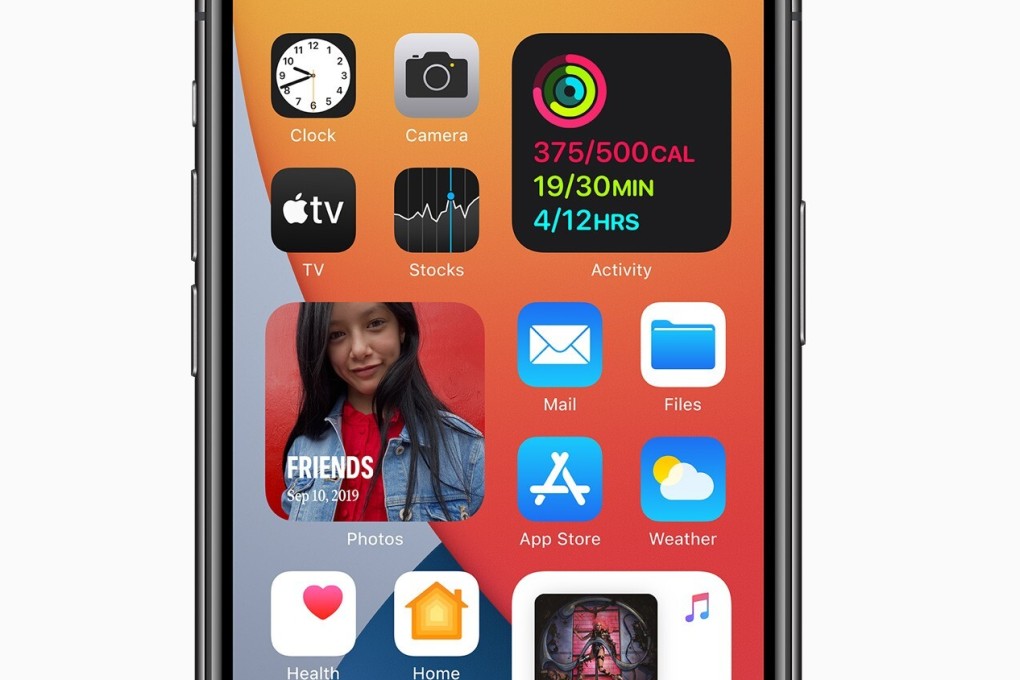 The new-look iPhone home screen, with widgets of various sizes, as it will appears for users once they upgrade to Apple’s iOS 14 operating system.