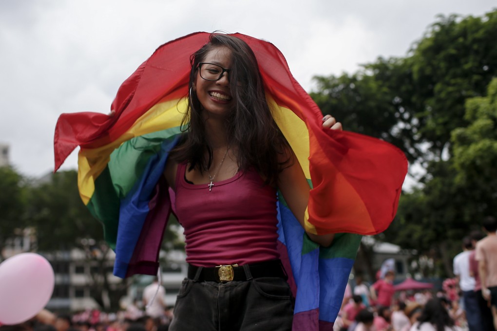 A participant dances with a rainbow flag during last year’s Pink Dot event held at the Speaker's Corner in Hong Lim Park. Photo: EPA