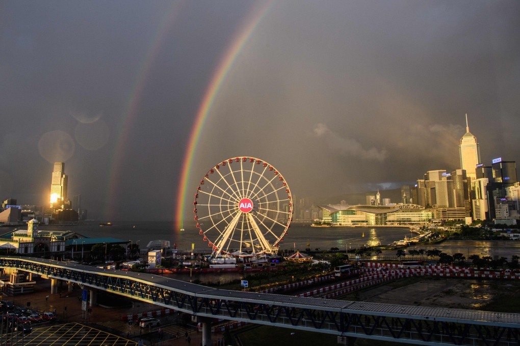 Two rainbows are seen as the sun sets after a shower in Hong Kong on June 16. Photo: AFP