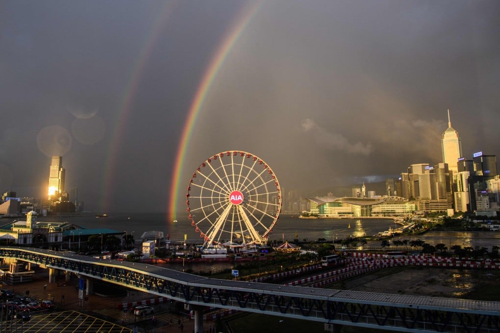 Two rainbows are seen as the sun sets after a shower in Hong Kong on June 16. Photo: AFP