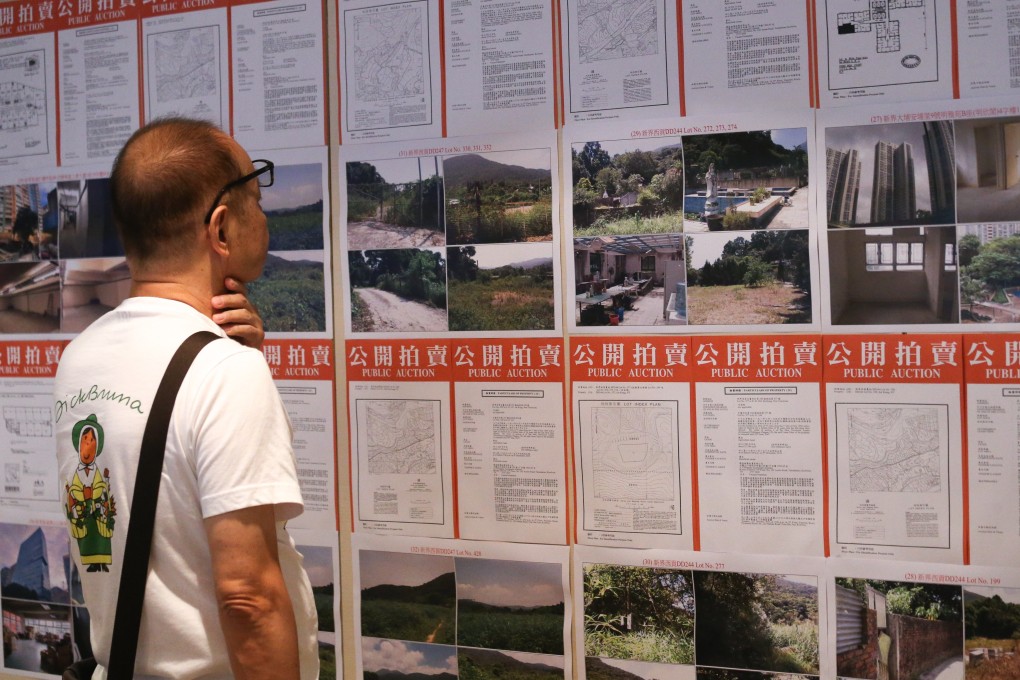 A pedestrian looking at some distressed assets for auction in Hong Kong. Photo: K.Y. Cheng