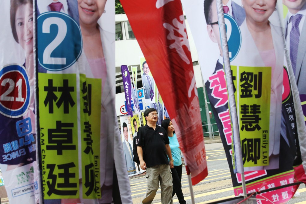 People walk towards a voting centre on a street festooned with campaign banners in Sha Tin during the previous Legco election, in September 2016. The political environment in Hong Kong has changed dramatically since then. Photo: David Wong