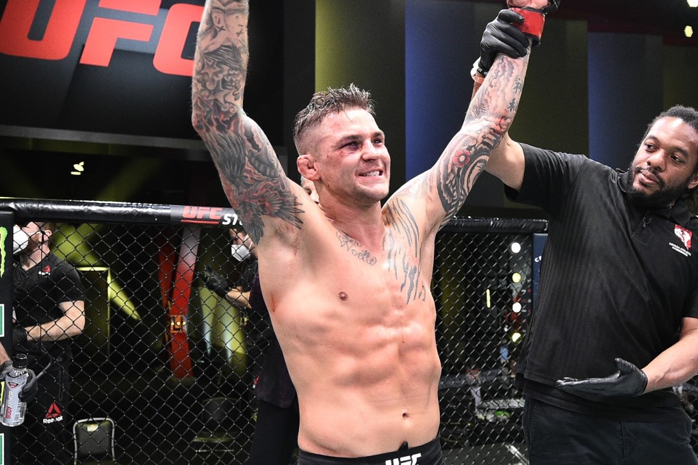UFC lightweight contender Dustin Poirier gets his arm raised after defeating Dan Hooker at UFC Vegas 4 at the Apex Arena, Las Vegas. Photo: USA Today