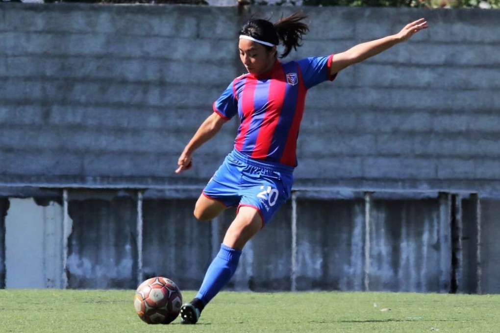 Wai Yuen-ting plays a long ball during her second game for Vllaznia in Albania. Photo: Graeme Chan