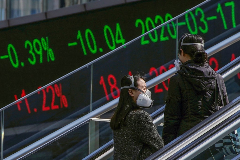 Shanghai’s benchmark rose to a near four-month high Wednesday on the latest data signalling steady economic recovery. Here, pedestrians wearing protective masks ride up an escalator by a stock price board in Shanghai. Photo: Reuters