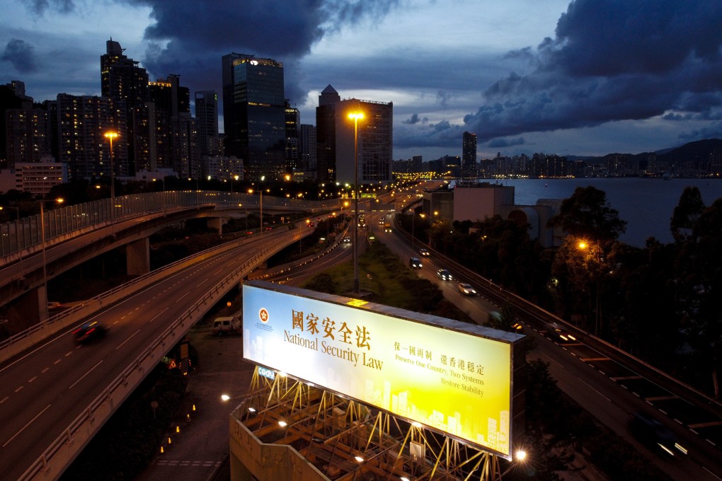 A large hoarding promotes the national security law in Hong Kong’s eastern district of Quarry Bay on July 1. Photo: Sun Yeung